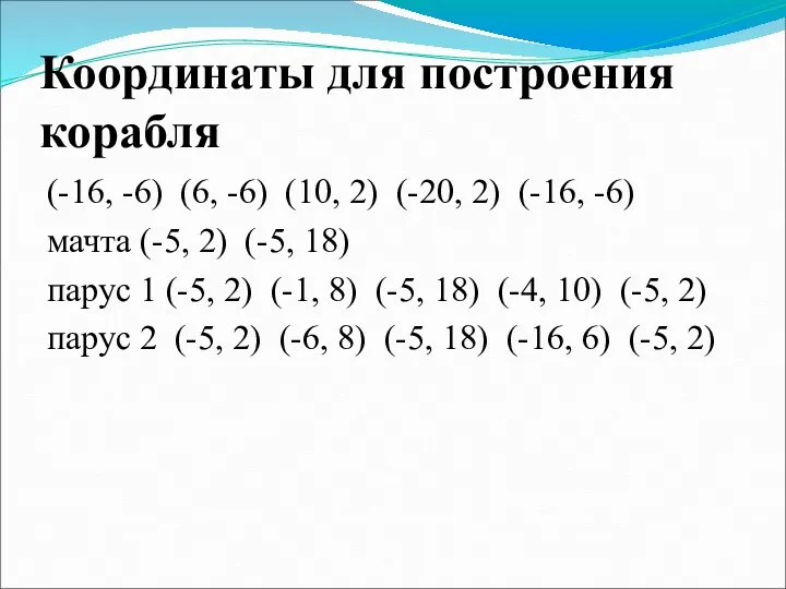 Координаты для построения корабля (-16, -6) (6, -6) (10, 2) (-20, 2) (-16,