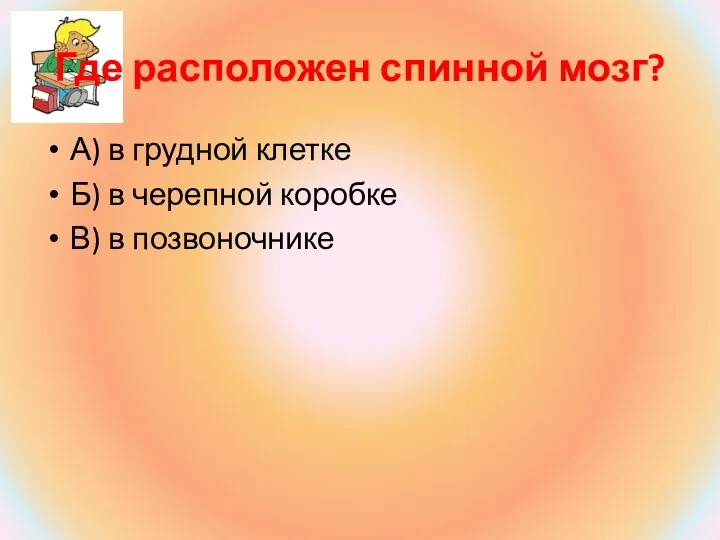 Где расположен спинной мозг? А) в грудной клетке Б) в черепной коробке В) в позвоночнике