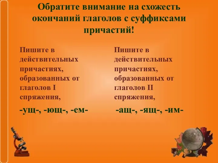 Обратите внимание на схожесть окончаний глаголов с суффиксами причастий! Пишите