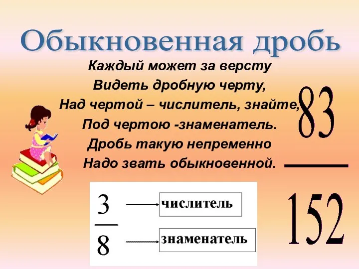 Каждый может за версту Видеть дробную черту, Над чертой – числитель, знайте, Под