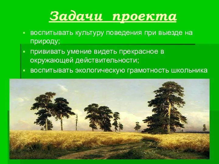 Задачи проекта воспитывать культуру поведения при выезде на природу; прививать