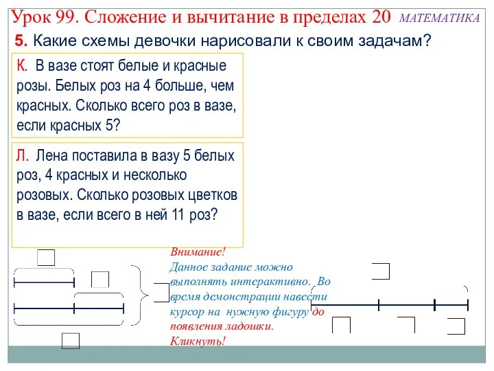 5. Какие схемы девочки нарисовали к своим задачам? Урок 99.