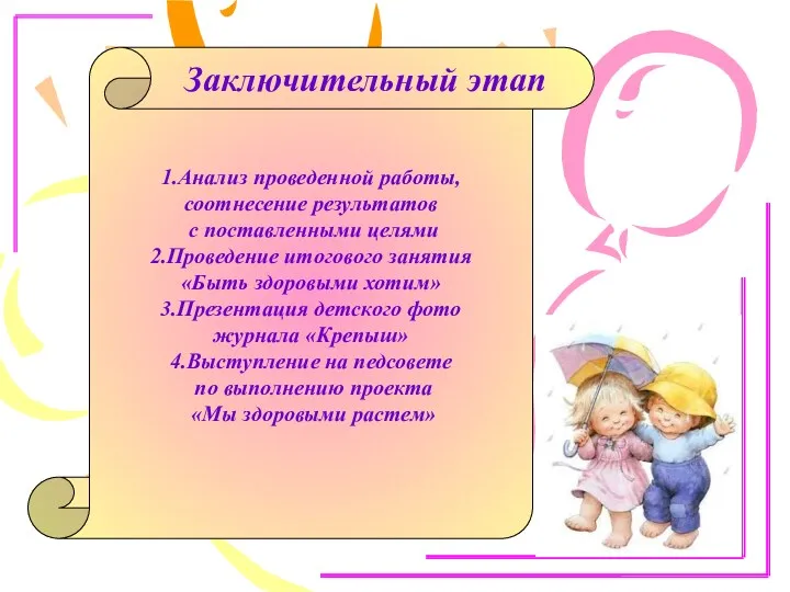 1.Анализ проведенной работы, соотнесение результатов с поставленными целями 2.Проведение итогового