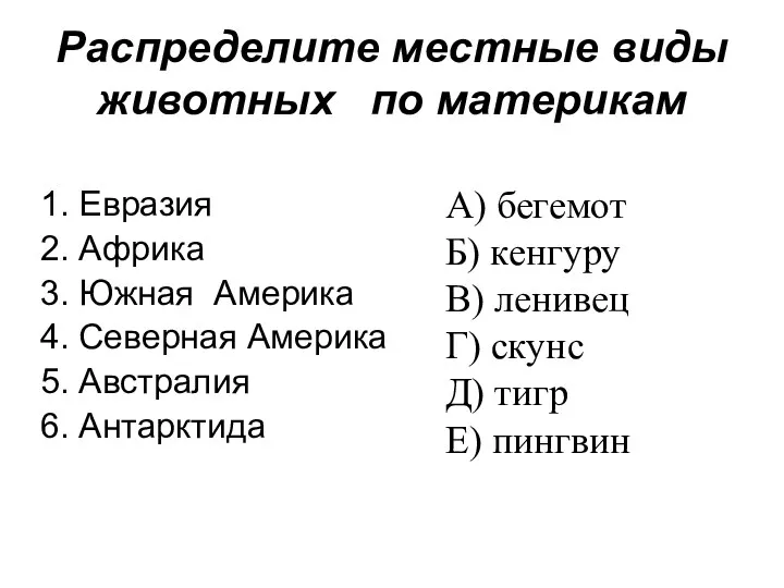 Распределите местные виды животных по материкам 1. Евразия 2. Африка