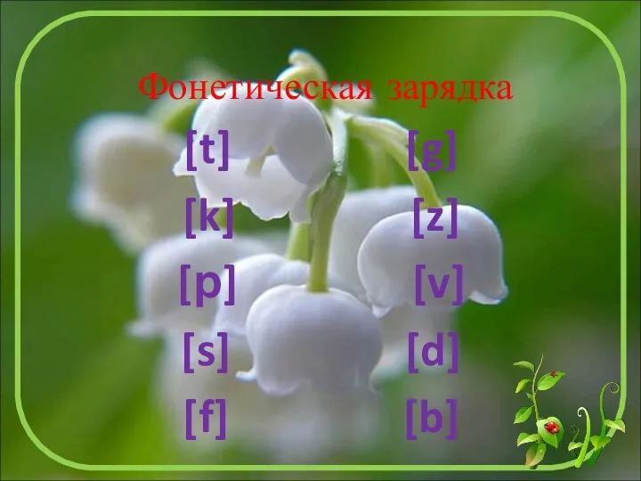 Фонетическая зарядка [t] [g] [k] [z] [р] [v] [s] [d] [f] [b]