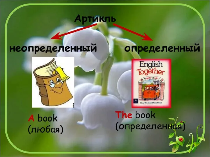 Артикль неопределенный определенный The book (определенная) A book (любая)