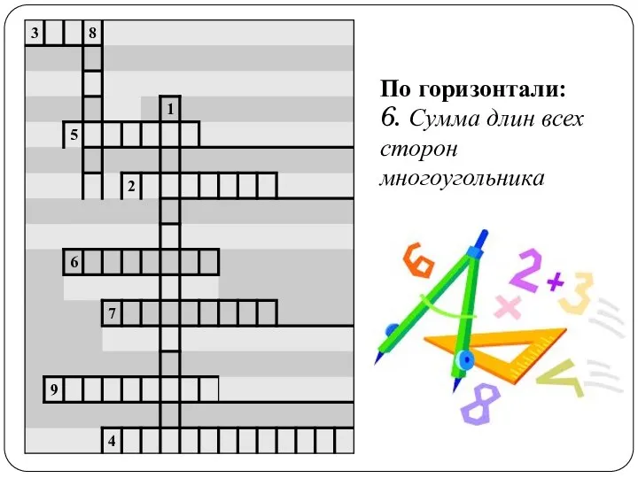 По горизонтали: 6. Сумма длин всех сторон многоугольника