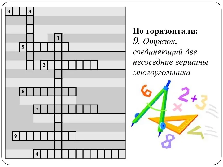 По горизонтали: 9. Отрезок, соединяющий две несоседние вершины многоугольника