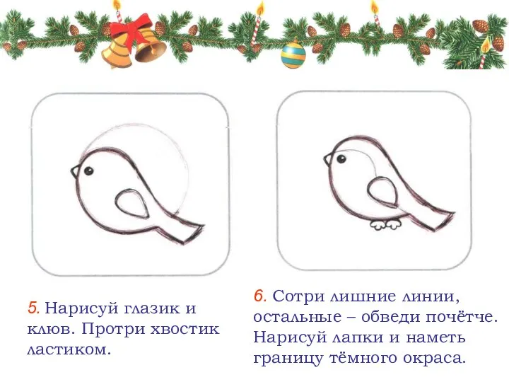 5. Нарисуй глазик и клюв. Протри хвостик ластиком. 6. Сотри лишние линии, остальные