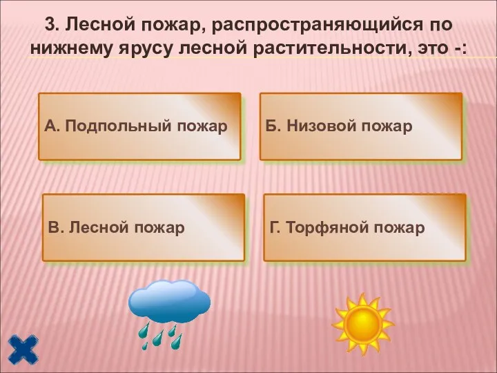 3. Лесной пожар, распространяющийся по нижнему ярусу лесной растительности, это