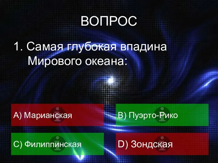 ВОПРОС 1. Самая глубокая впадина Мирового океана: A) Марианская B) Пуэрто-Рико C) Филиппинская D) Зондская