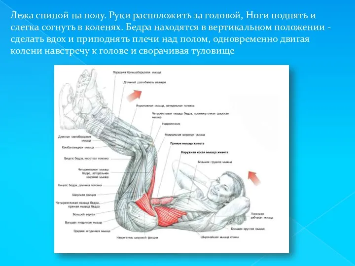 Лежа спиной на полу. Руки расположить за головой, Ноги поднять