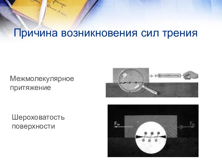 Причина возникновения сил трения Межмолекулярное притяжение Шероховатость поверхности