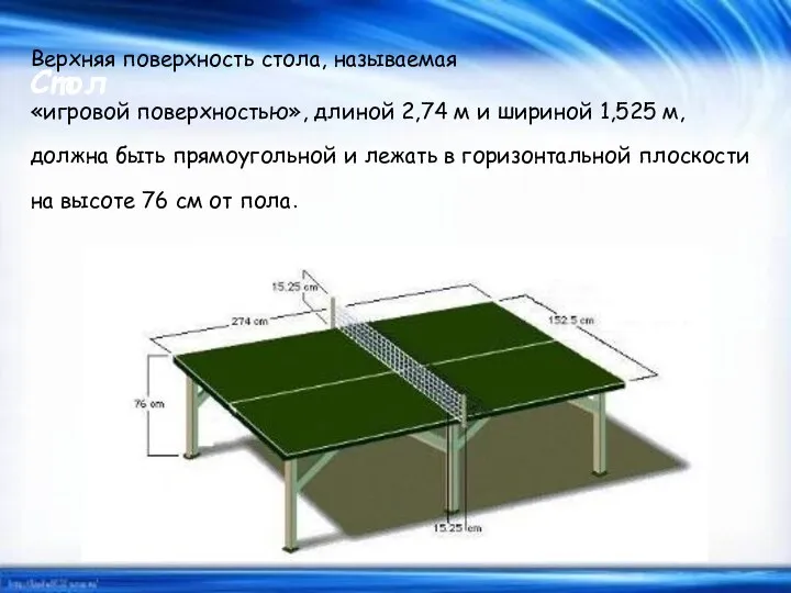 Стол Верхняя поверхность стола, называемая «игровой поверхностью», длиной 2,74 м и шириной 1,525