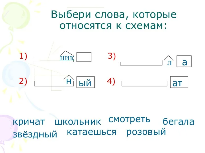 Выбери слова, которые относятся к схемам: 1) 3) 2) н