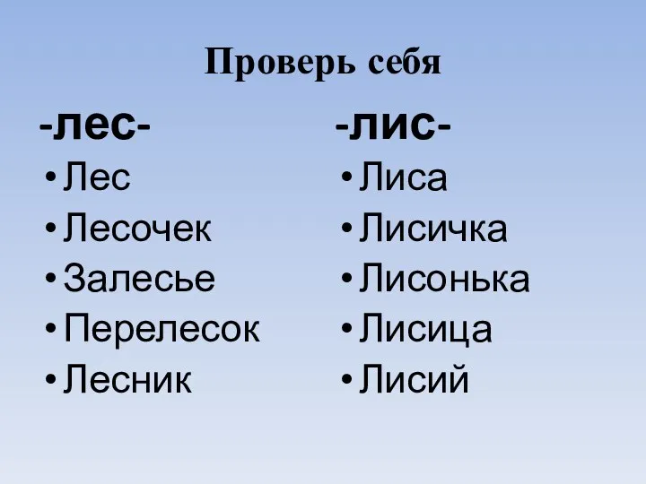 Проверь себя -лес- Лес Лесочек Залесье Перелесок Лесник -лис- Лиса Лисичка Лисонька Лисица Лисий