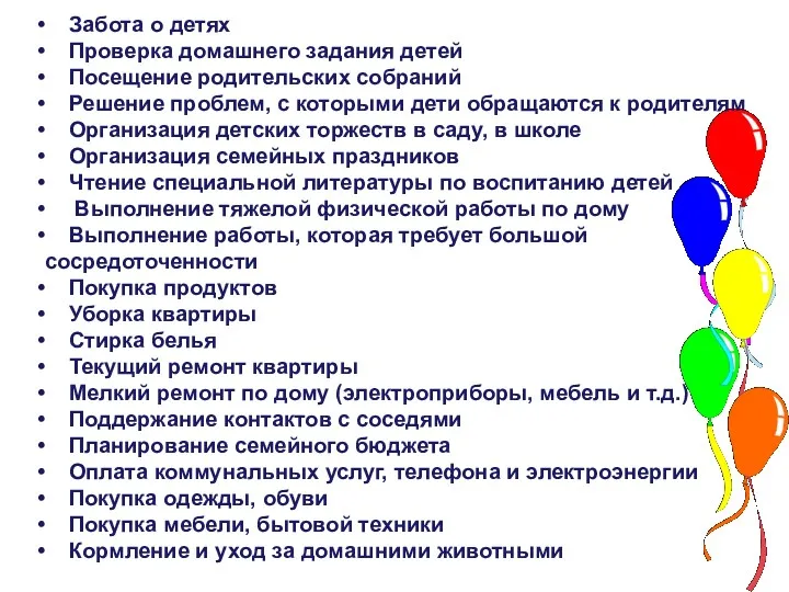 Забота о детях Проверка домашнего задания детей Посещение родительских собраний