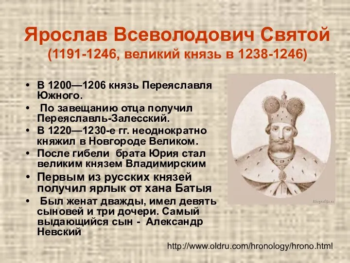 Ярослав Всеволодович Святой (1191-1246, великий князь в 1238-1246) В 1200—1206