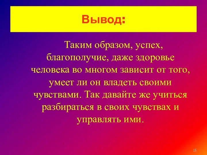 Вывод: Таким образом, успех, благополучие, даже здоровье человека во многом зависит от того,