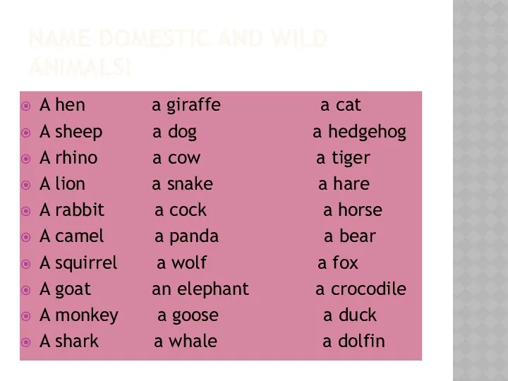 Name domestic and wild animals! A hen a giraffe a