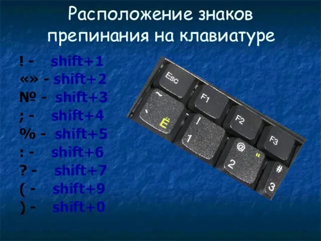 Расположение знаков препинания на клавиатуре ! - shift+1 «» - shift+2 № -