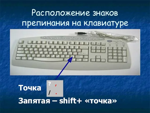 Расположение знаков препинания на клавиатуре Точка Запятая – shift+ «точка» ? , / .