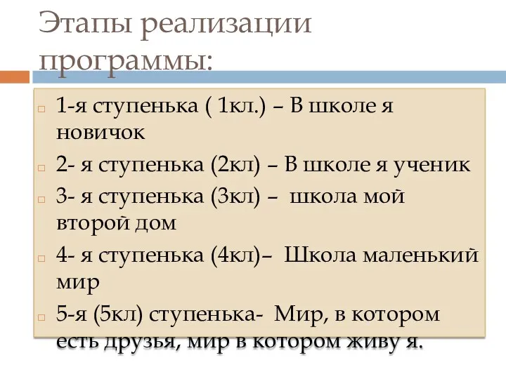 Этапы реализации программы: 1-я ступенька ( 1кл.) – В школе