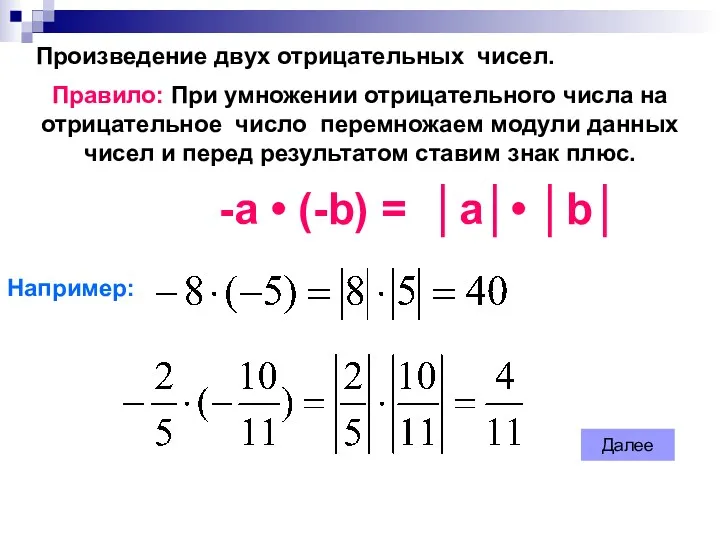 Произведение двух отрицательных чисел. Правило: При умножении отрицательного числа на отрицательное число перемножаем