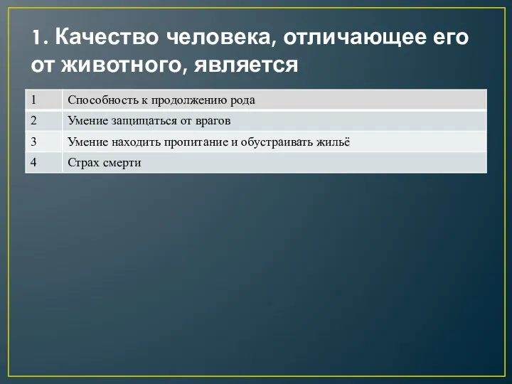 1. Качество человека, отличающее его от животного, является