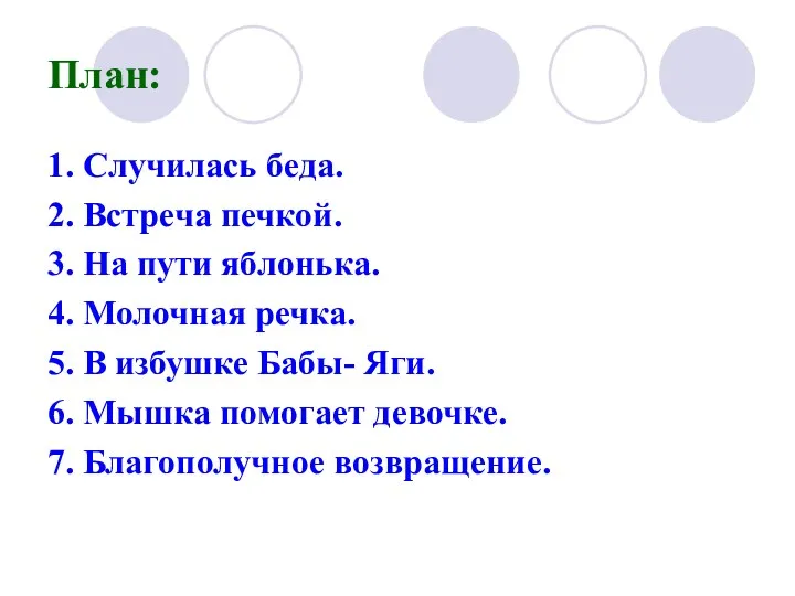 План: 1. Случилась беда. 2. Встреча печкой. 3. На пути