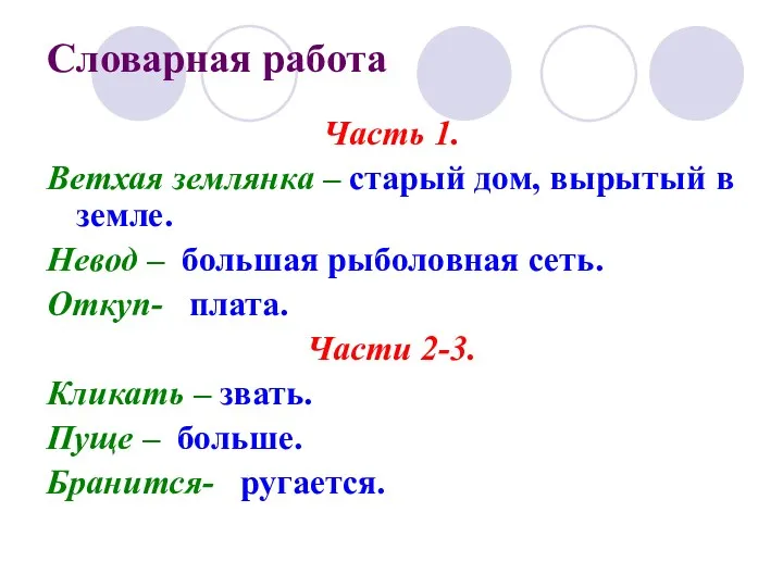 Словарная работа Часть 1. Ветхая землянка – старый дом, вырытый