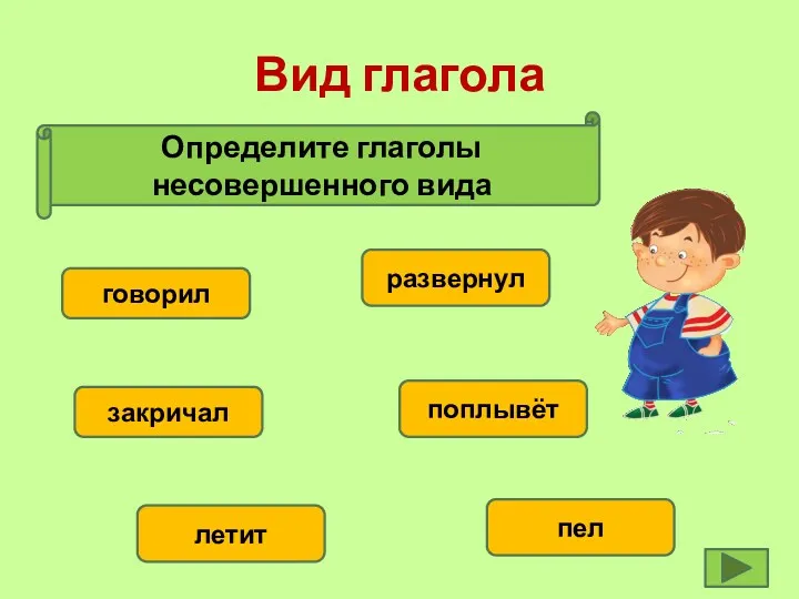 Вид глагола говорил Определите глаголы несовершенного вида закричал летит пел поплывёт развернул