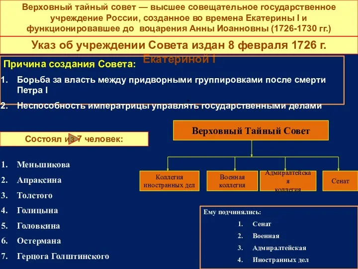 Верховный тайный совет — высшее совещательное государственное учреждение России, созданное