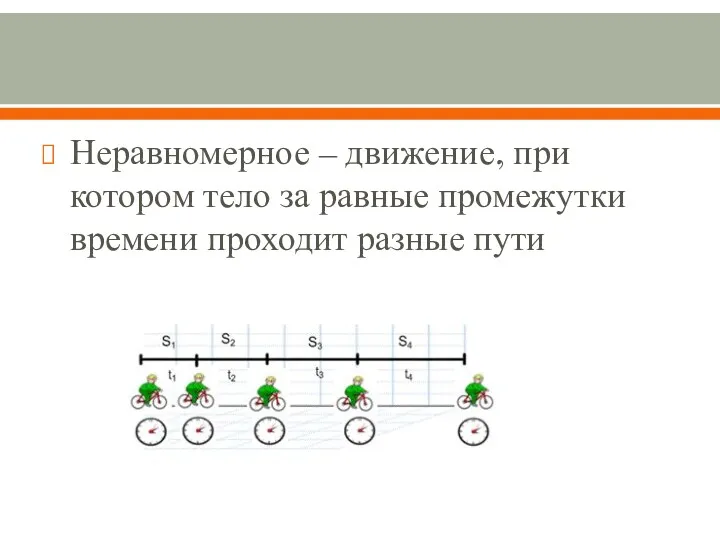 Неравномерное – движение, при котором тело за равные промежутки времени проходит разные пути