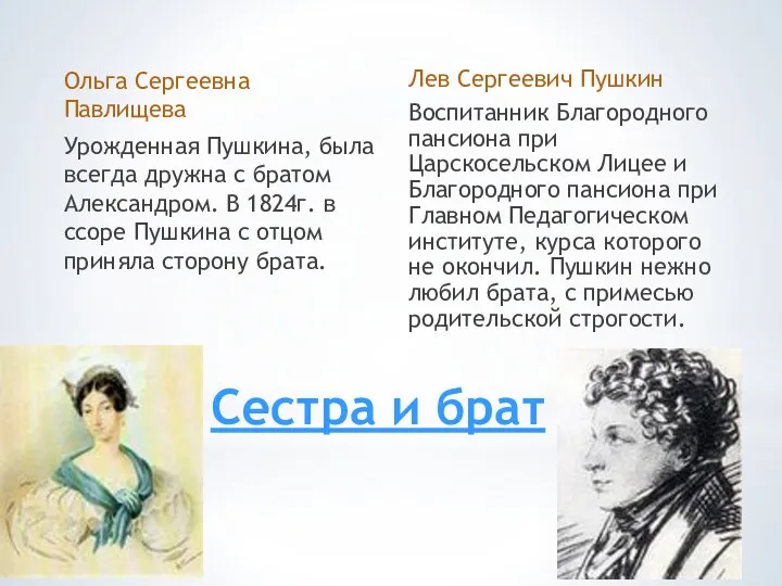 Сестра и брат Ольга Сергеевна Павлищева Урожденная Пушкина, была всегда