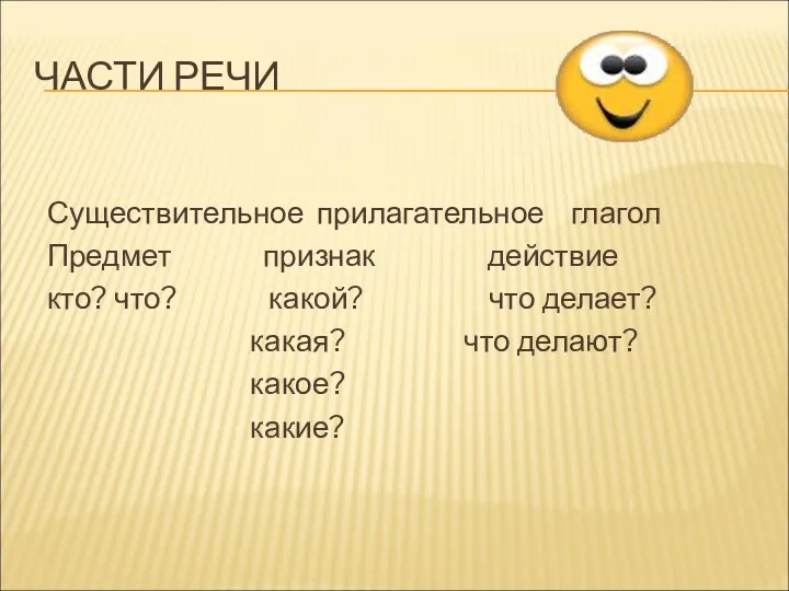 ЧАСТИ РЕЧИ Существительное прилагательное глагол Предмет признак действие кто? что?