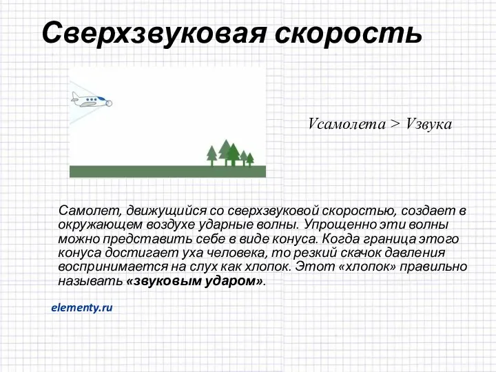 Самолет, движущийся со сверхзвуковой скоростью, создает в окружающем воздухе ударные