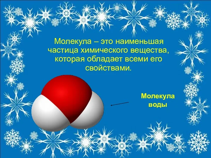 Молекула – это наименьшая частица химического вещества, которая обладает всеми его свойствами. Молекула воды