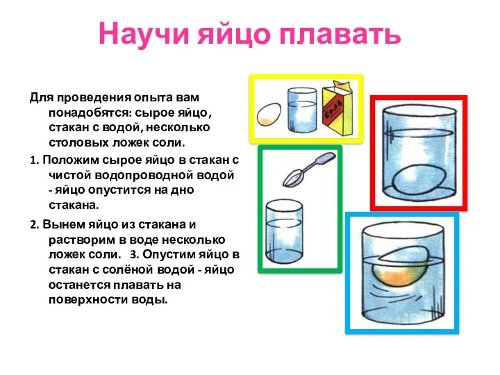 Научи яйцо плавать Для проведения опыта вам понадобятся: сырое яйцо,