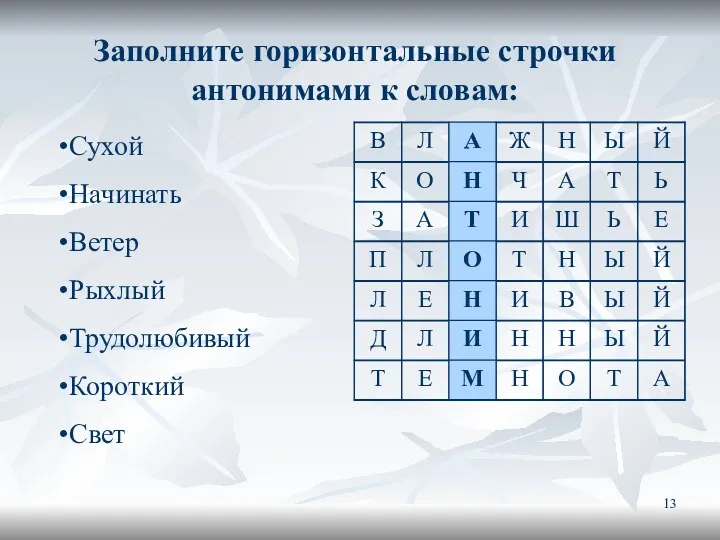 Заполните горизонтальные строчки антонимами к словам: Сухой Начинать Ветер Рыхлый Трудолюбивый Короткий Свет