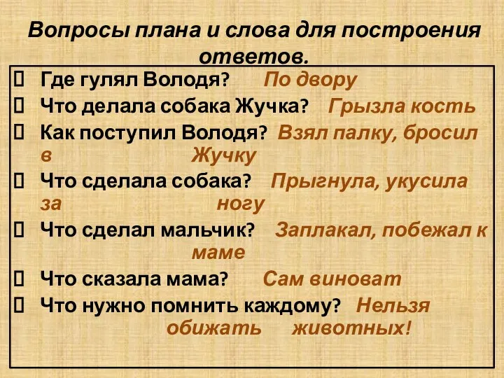 Вопросы плана и слова для построения ответов. Где гулял Володя?