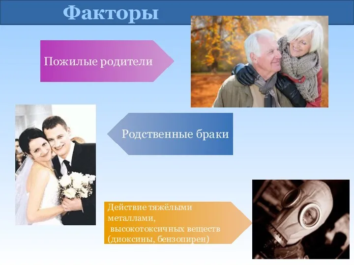 Факторы Родственные браки Действие тяжёлыми металлами, высокотоксичных веществ (диоксины, бензопирен) Пожилые родители