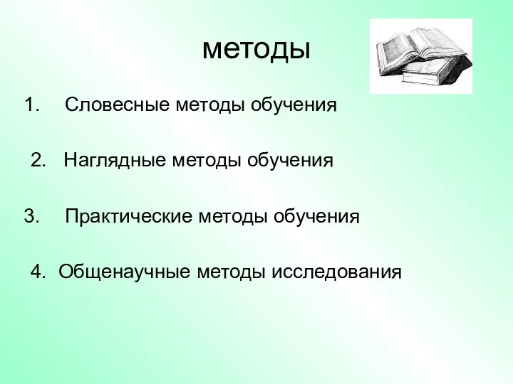 методы Словесные методы обучения 2. Наглядные методы обучения Практические методы обучения 4. Общенаучные методы исследования