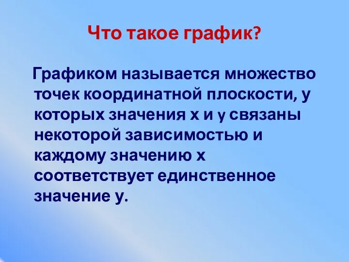 Что такое график? Графиком называется множество точек координатной плоскости, у которых значения х