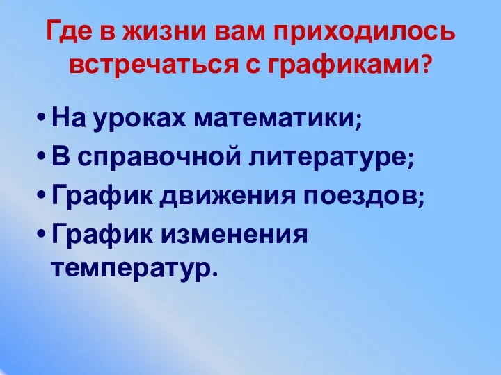 Где в жизни вам приходилось встречаться с графиками? На уроках математики; В справочной