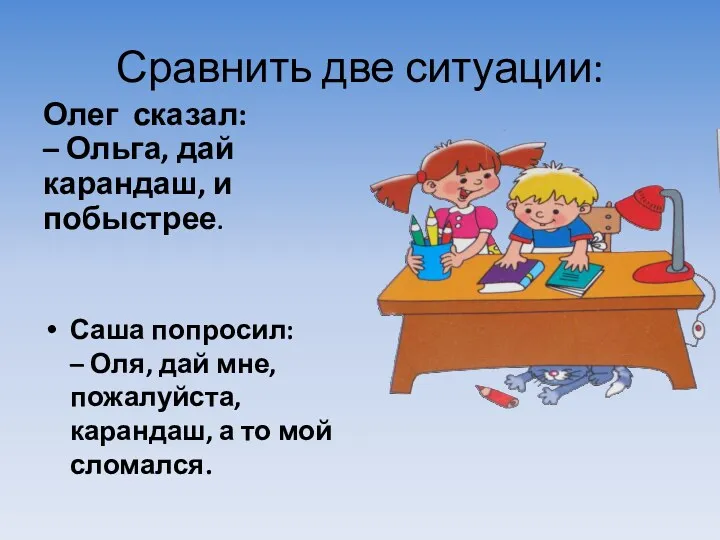 Сравнить две ситуации: Олег сказал: – Ольга, дай карандаш, и побыстрее. Саша попросил: