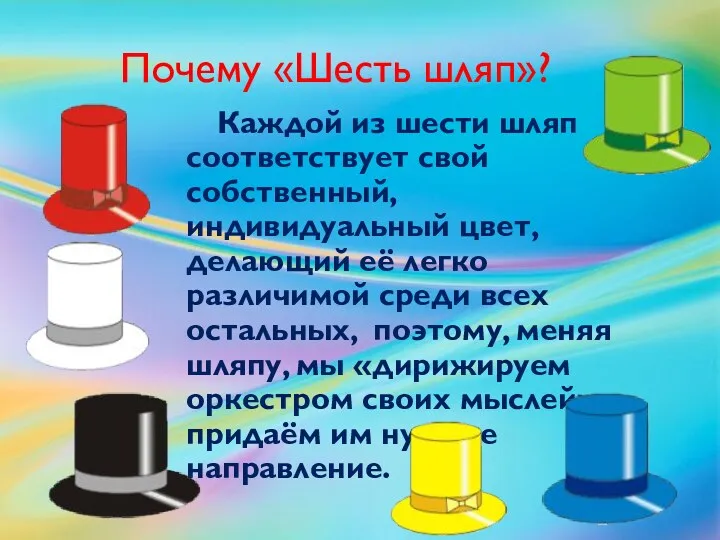 Почему «Шесть шляп»? Каждой из шести шляп соответствует свой собственный,