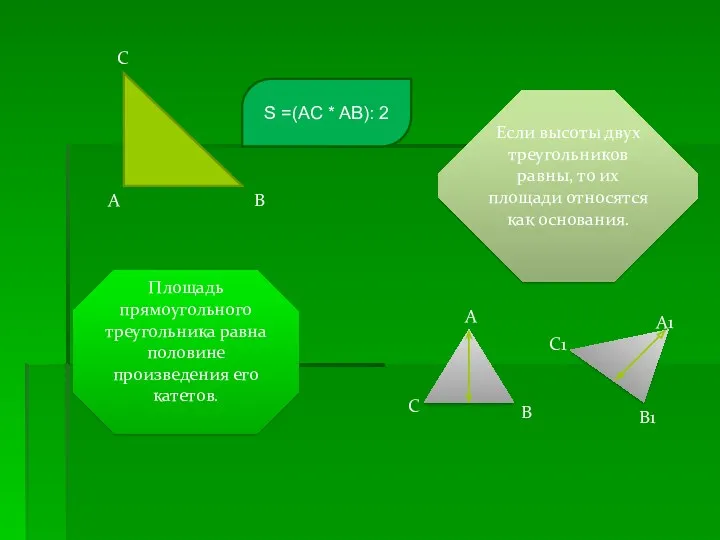 Площадь прямоугольного треугольника равна половине произведения его катетов. А В