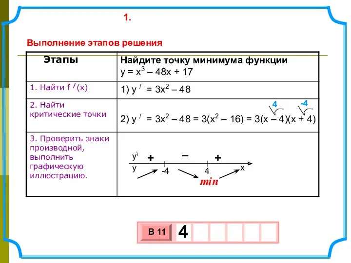 Найдите точку минимума функции y = x3 – 48x + 17 1) y