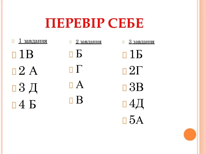 ПЕРЕВІР СЕБЕ 1 завдання 1В 2 А 3 Д 4 Б 2 завдання